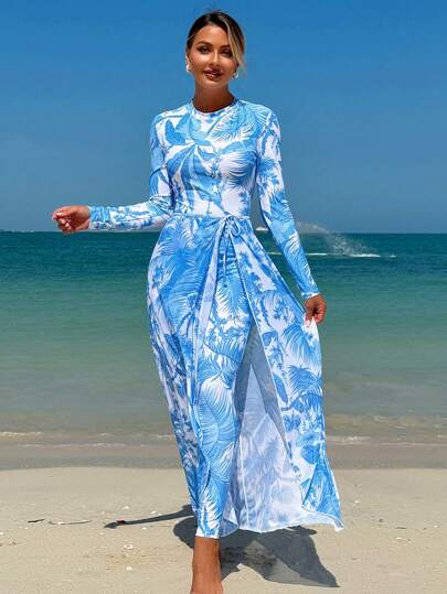 Burkini 3 pièces Combinaison à manches longues avec imprimé aléatoire