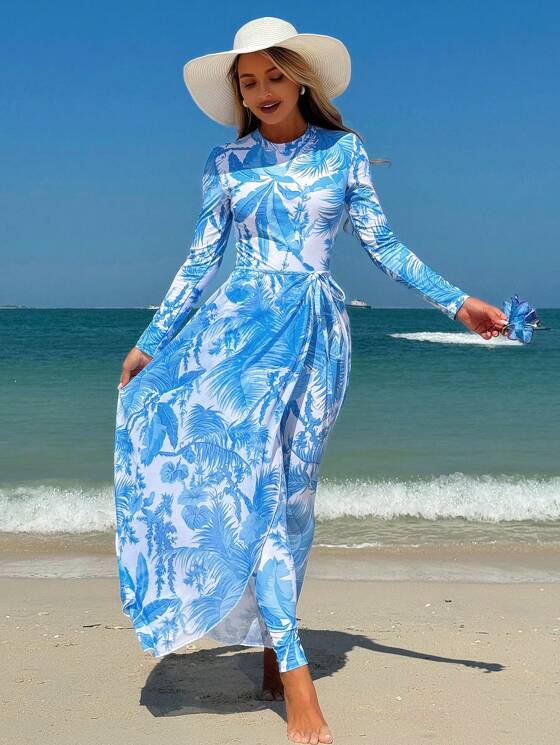 Burkini 3 pièces Combinaison à manches longues avec imprimé aléatoire